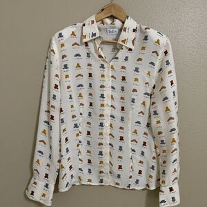 Vintage Betty Barclay Equestrian Western Hats Blouse‎ Beige Coral Sz 46 M/L